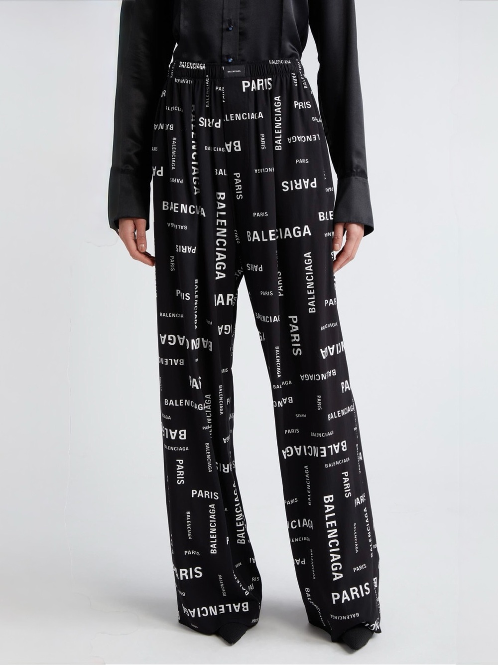 Balenciaga Paris Print Wide Leg Pants Logo White Black 34 FR 4 US NWT